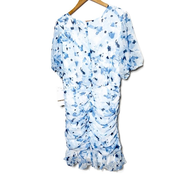 New with Tags Be By Chetta B Women's Ivory Navy Fitted Mini Ruched Ruffle Dress - Picture 9 of 16